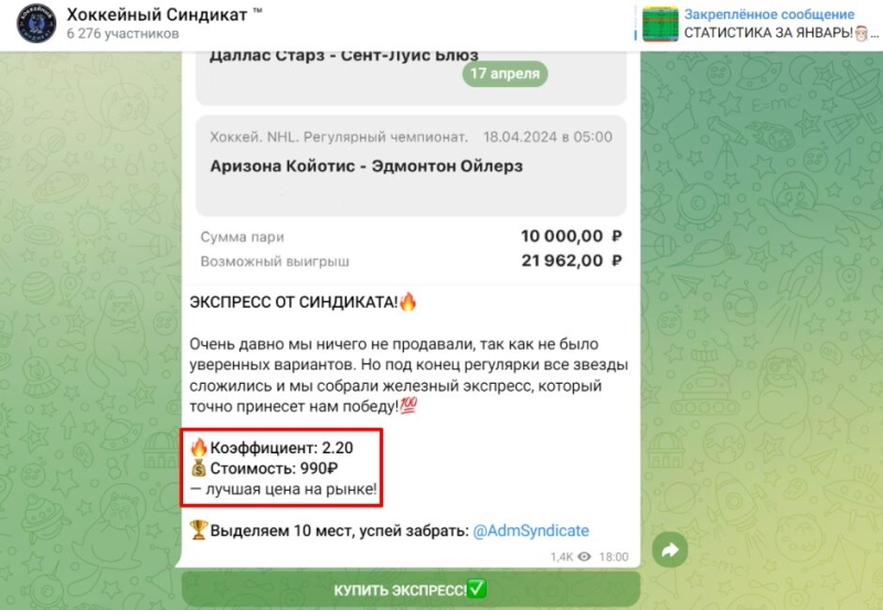 Хоккейный Синдикат — отзывы о каппере в ТГ