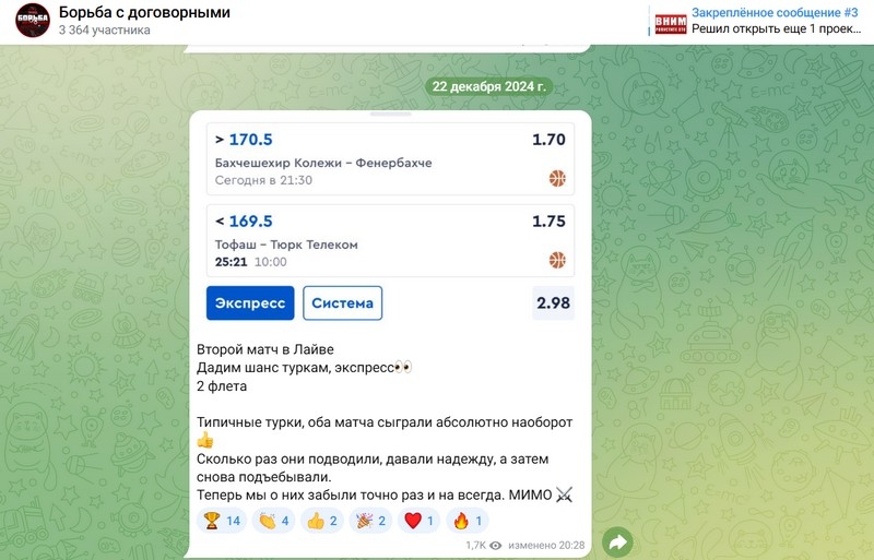 Обзор проекта в Телеграмм «Борьба с договорными», реальная статистика прогнозов каппера borbasdogami, отзывы